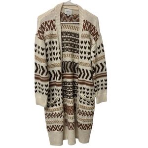 🌿✨ Pink Rose Cream & Brown Patterned Open-Front Cardigan Sweater ✨🌿